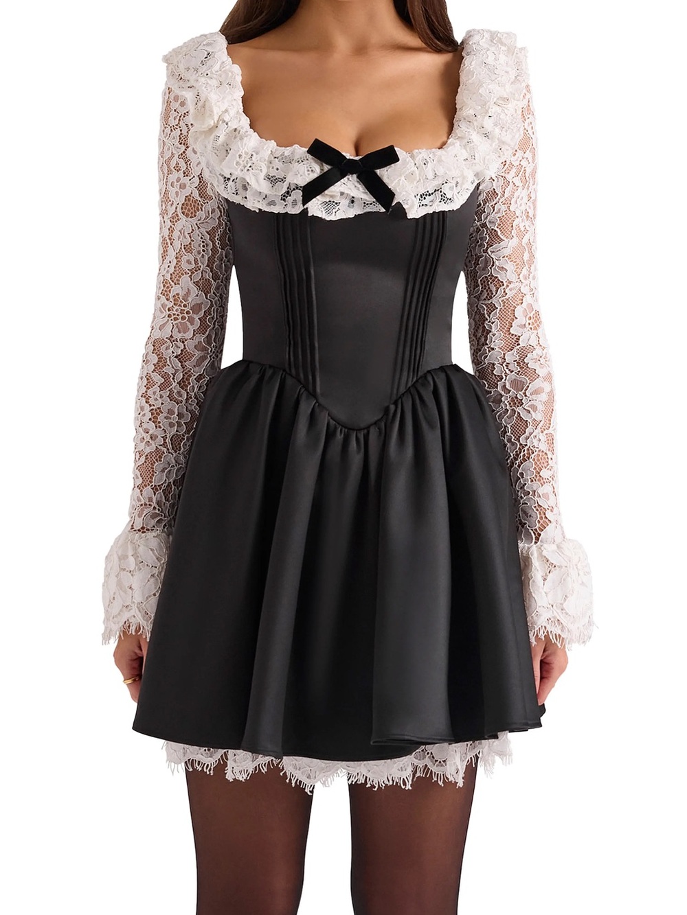 House of CB Black Dress with White Lace Collar & Sleeves X-small